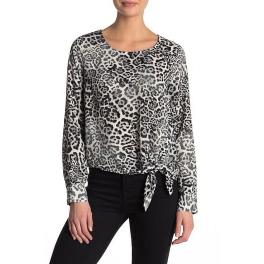 Socialite Long Sleeve Tie Front Blouse In White/Black Animal Print Size XL